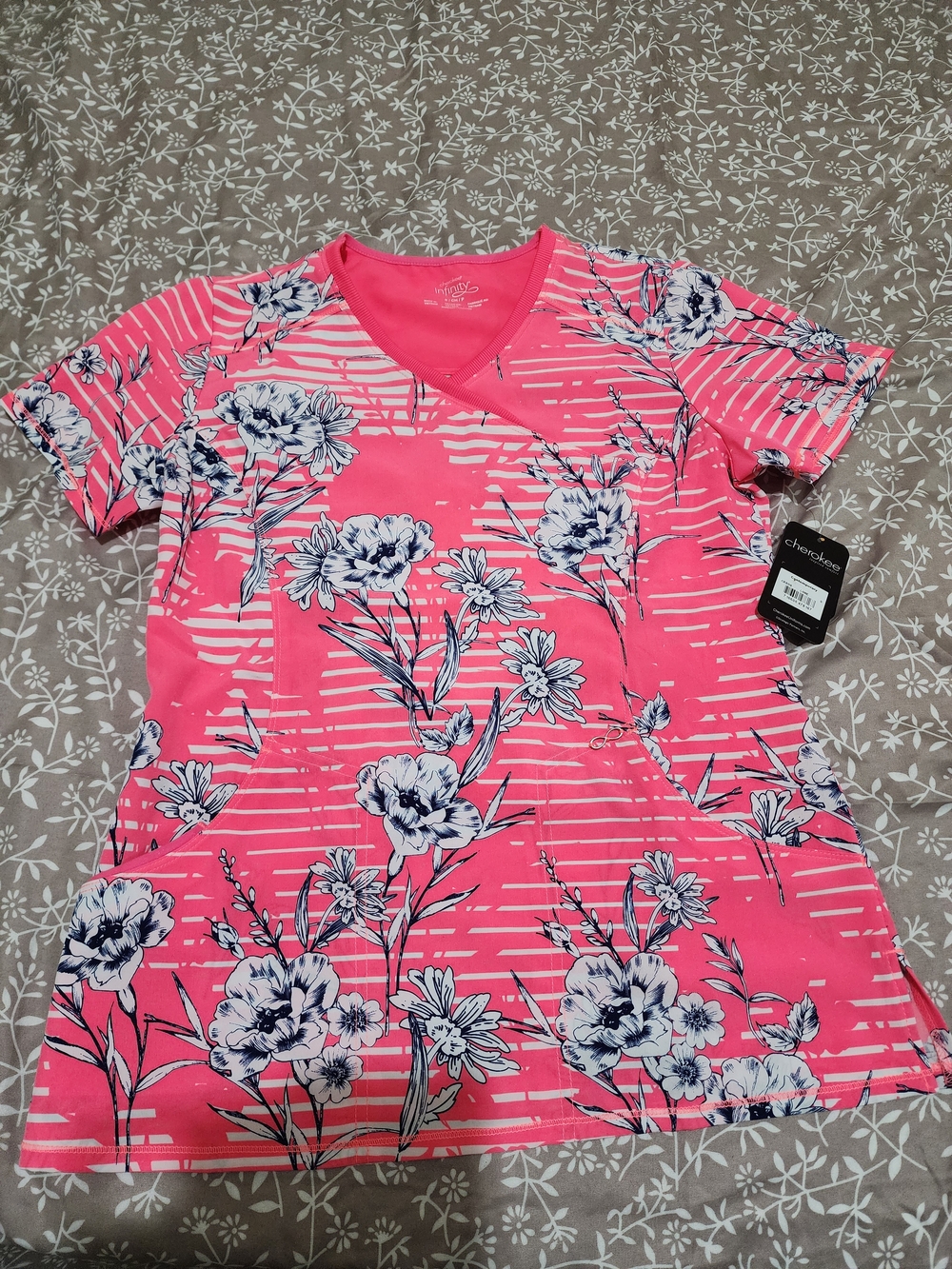 Cherokee Infinity Womens Mock Wrap Scrub Top, Pink Floral, Rib-knit.